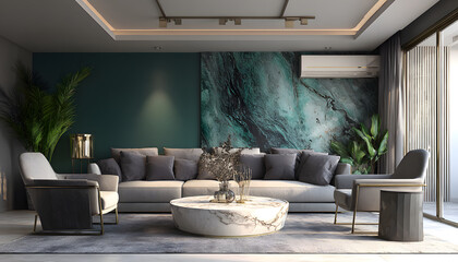 Contemporary lounge blends gray sofa with emerald accent wall, accented by marble table decor.
