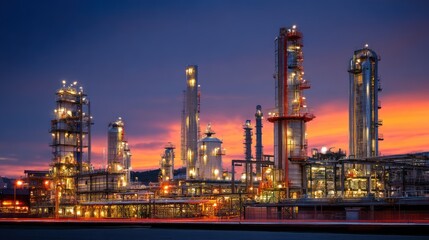 Fototapeta premium A large oil refinery with illuminated towers against a vibrant sunset sky.