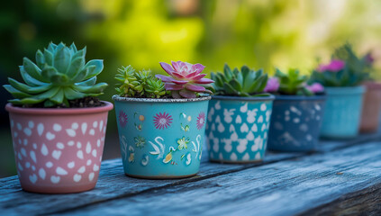 Charming rows of small flower pots, filled with delicate little flowers and a variety of succulents, arranged beautifully on a rustic old wooden table, create a cozy and natural decorative display.