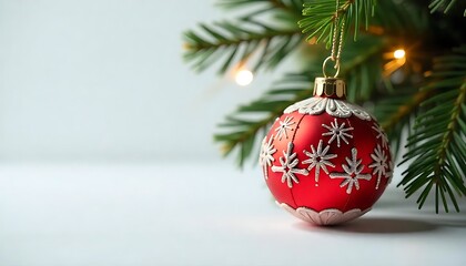 A red Christmas ornament with snowflake designs hangs from a pine branch with lights adding a festive, holiday feel.