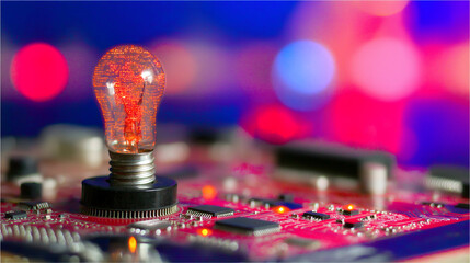 A glowing light bulb stands on a circuit board, symbolizing innovation and technology against a colorful, blurred background.