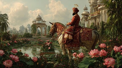 Traditional Mughal Emperor Riding Horse in Garden

