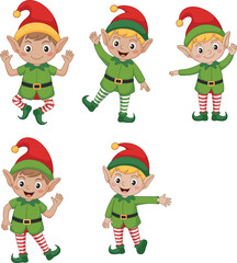 Set of cheerful cartoon elves in festive costumes, Christmas character collection for holiday cards, decorations, crafts, and party invitations