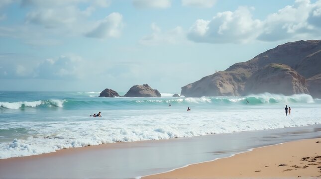 Coastal scene featuring surfers riding waves near a sandy beach, with a rocky hill in the background.