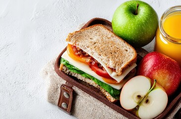 Nutritious school lunch box with whole wheat sandwich, fresh apple slices and orange juice, promoting healthy eating habits for children