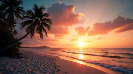 Tropical sunset over a tranquil beach with palm trees.