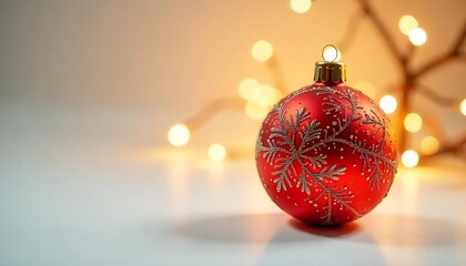 Festive holiday spirit with a shimmering red Christmas ornament against warm bokeh lights creating a cozy mood.