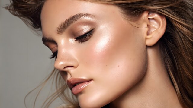 Radiant cheekbone with graphite shimmer lines, beauty editorial