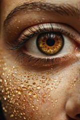 Closeup view of womans eye and face with golden water droplets