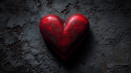 Abstract red heart symbol on textured dark background, evoking deep emotions with dramatic lighting.