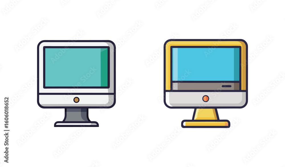 Poster two retro computer monitors side by side with colorful screens
