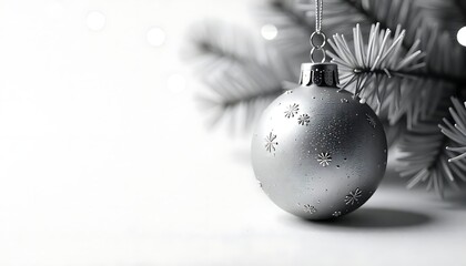 Holiday cheer radiates from this grayscale Christmas ornament with snowflakes, a festive symbol on a blurred pine tree branch.