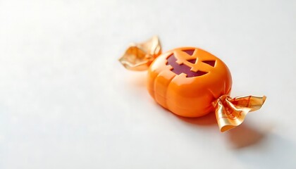 Halloween treat: An orange, pumpkin shaped candy, wrapped in gold foil, sits on a clean, white surface, creating a spooky holiday scene.