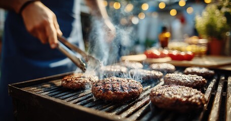 Chef using tongs grilling delicious hamburgers on barbecue grill during sunny summer day at backyard party