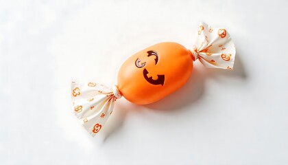 Festive Halloween candy with a happy jack-o'-lantern face, wrapped in decorative paper against a clean white backdrop.