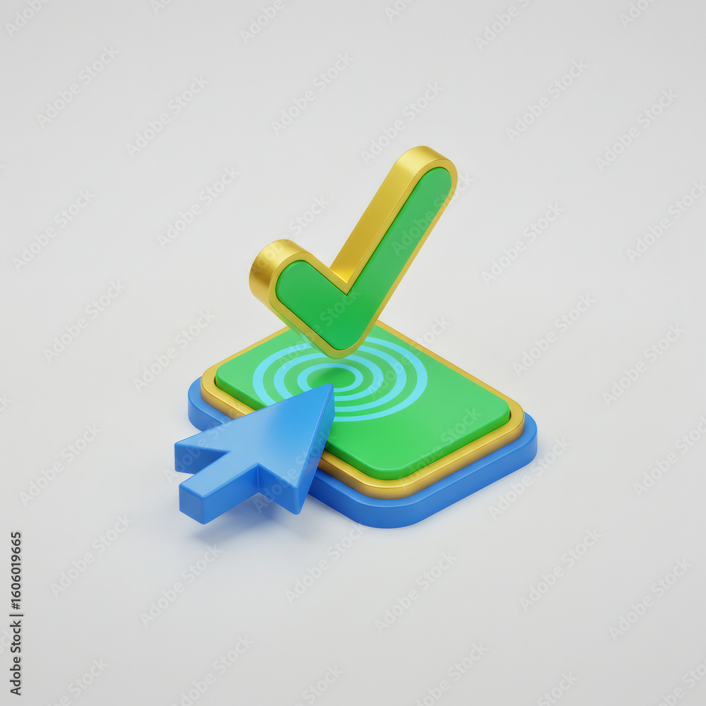 Fototapete click confirmation of approval with 3d pointer and check mark icon render