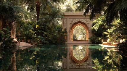 Traditional Mughal Garden Arch with Palm Tree and Peacock Pattern

