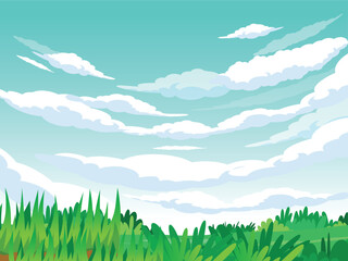 Fototapeta premium blue cloudy sky illustration for background with with grass and bushes growing