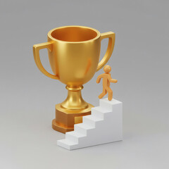 Climbing to Success Man Ascending Stairs to Gold Trophy