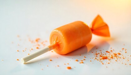 Delicious orange candy lollipop with a stick, resting on a white surface with scattered crumbs around it, a sweet confection.