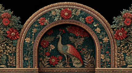 Traditional Mughal Garden Arch with Plants and Peacock – Seamless Pattern

