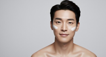 Asian man with white patches for skin care. Facial treatment for wrinkles and dark circles. Anti aging and beauty routine.