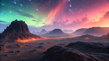 Fototapeta premium Vibrant aurora borealis illuminates a rugged desert landscape with distant mountains