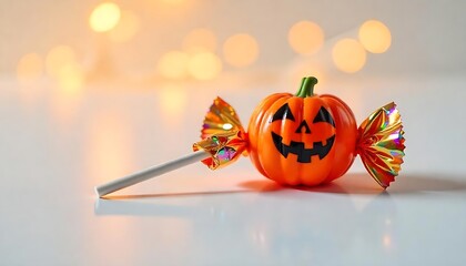 Festive Halloween pumpkin lollipop is an orange treat for spooky season with sparkling wrappers against a soft light backdrop.