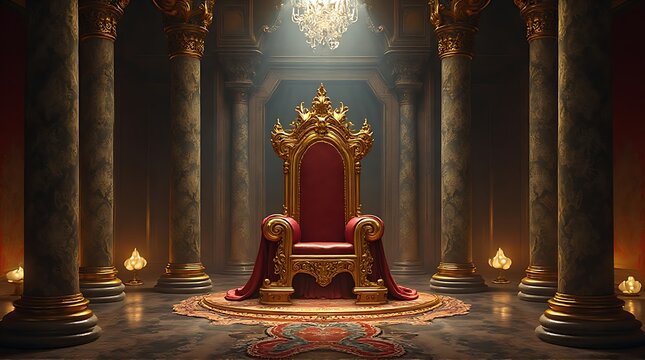 A majestic golden throne sits on a patterned rug in a grand hall, illuminated by a chandelier and surrounded by ornate columns.