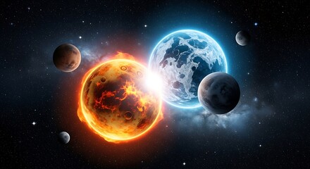 Obraz premium Two planets collide in a cosmic explosion.