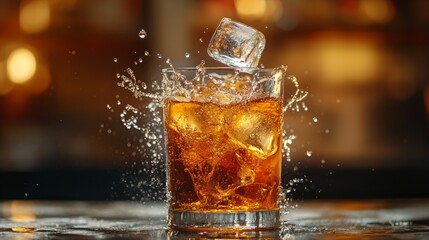 Front view of ice cube hitting fizzy soda in a transparent glass, with liquid exploding outward, droplets suspended mid-air for a visually captivating, energetic beverage concept photo, holiday drink