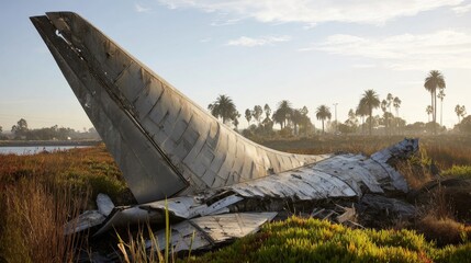 Tail fin and right wing wreckage of crashed airplane lying on its side near trees and grass in San Diego, California, USA, under clear blue sky during daytime in detailed realistic scene