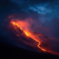 Fototapeta premium A dramatic, volcanic eruption at night. Nature photography, epic. The only light is the bright, orange glow of lava, powerful and destructive mood. Lava flowing down the side of.