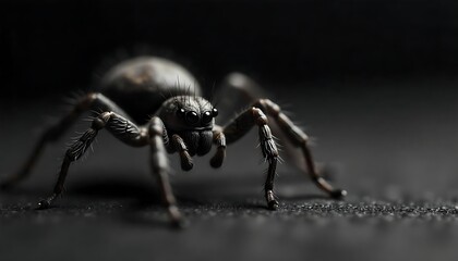 A close-up shot presents a detailed view of a dark spider, showcasing its intricate features against a dim backdrop.