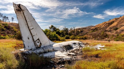 Tail fin and right wing wreckage of crashed airplane lying on its side near trees and grass in San Diego, California, USA, under clear blue sky during daytime in detailed realistic scene