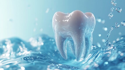 3D tooth model emerging from splashing water with droplets and reflections, representing freshness, dental protection, oral health awareness, hygiene, and professional dental product concepts