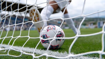 A soccer ball in a net on a grass field. The sport concept of football is being played.