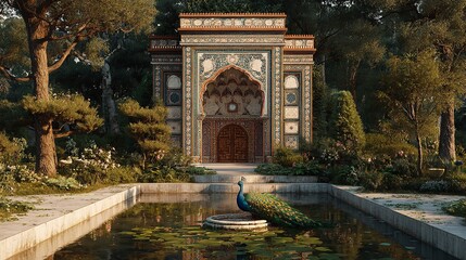 Traditional Mughal Garden with Temple Arch and Palace

