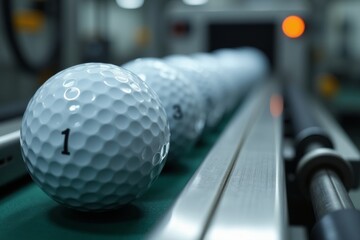 Golf balls moving along a production line.