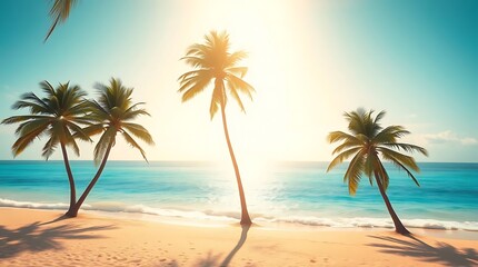 Obraz premium Idyllic Tropical Paradise Beach with Palm Trees and Turquoise Water, Summer Vacation Background.