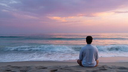 Fototapeta premium Man finds peace with yoga on beach during digital detox watching tranquil ocean sunset in solitude