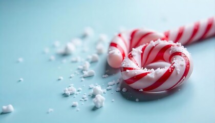 Holiday candy canes with crushed sugar sit on a light blue surface, evoking a festive Christmas mood and seasonal cheer.