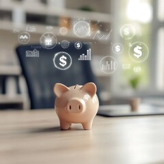 A close-up of a small piggy bank placed on a modern desk, with floating icons of financial symbols like graphs and dollar signs above it. The scene is clean and bright, with natural lighting creating 