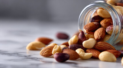 Healthy keto diet nut snack of mixed nuts spilling from glass jar on marble table wholesome food appetizer