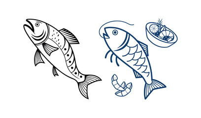 Naklejka premium Two stylized fish drawings with a small bowl and shrimp
