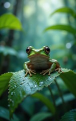 Obraz premium A vibrant green tree frog with large eyes resting on a dewy leaf in a rainforest