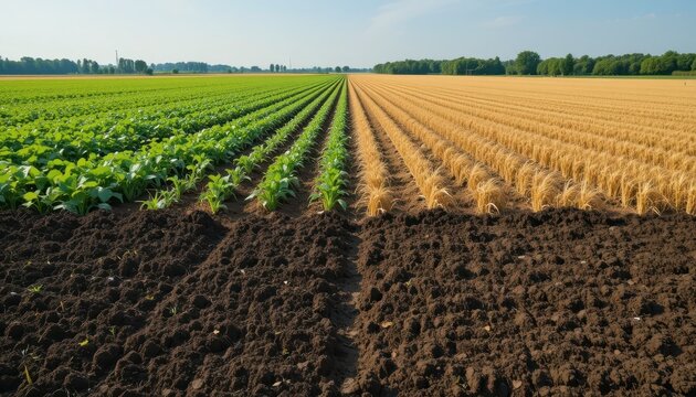 Agricultural cycle concept with growing green crops and ripe golden wheat for harvest.