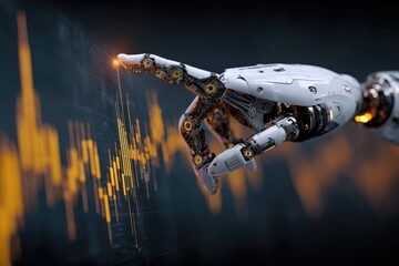 Robotic hand interacting with financial data visualization