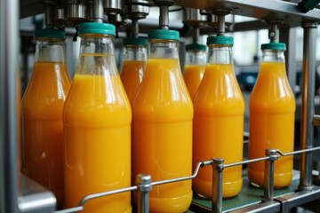 Glass bottles of orange juice being filled on a production line.