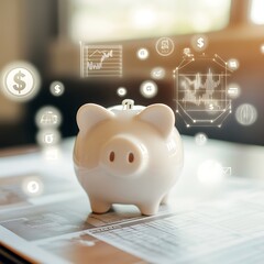 A close-up of a small white piggy bank on a desk, surrounded by floating icons like dollar signs and financial graphs. Soft, diffused lighting creates a calm, professional look. 

